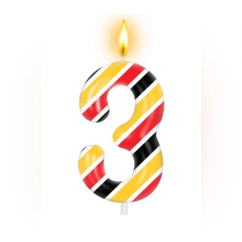 Striped Number 3 Birthday Party Candle Cake Topper - Red, Yellow, and Black